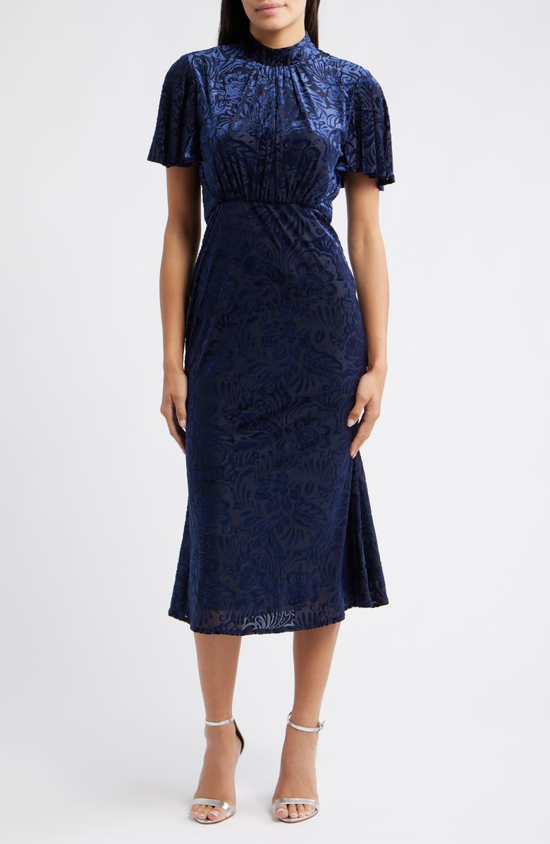 Julia Jordan Velvet Burnout Short Sleeve Midi Dress, Main, color, Navy