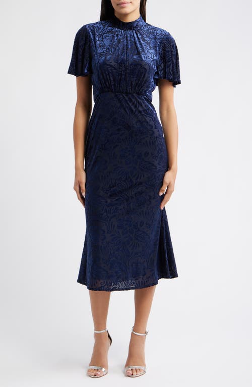 Julia Jordan Velvet Burnout Short Sleeve Midi Dress In Blue