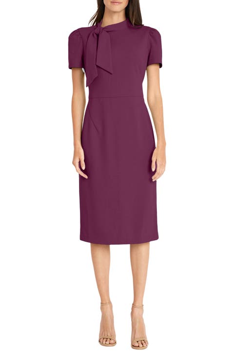 Tie Neck Puff Sleeve Scuba Crepe Dress