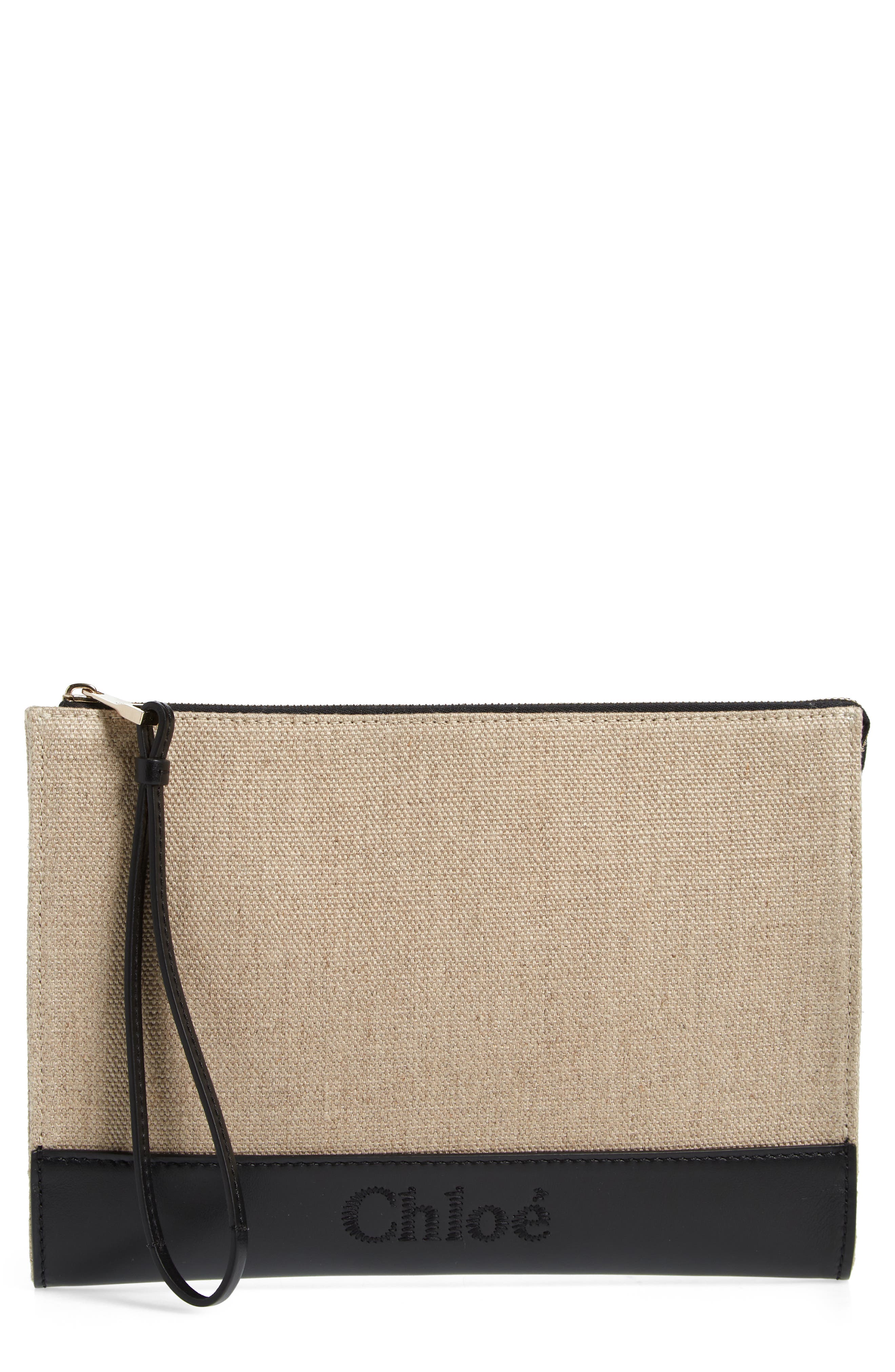 Chloé Sense Linen & Leather Pouch, Main, color, 