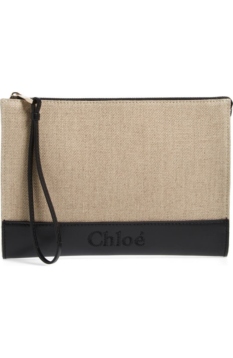 Chloé Sense Linen & Leather Pouch, Main, color,