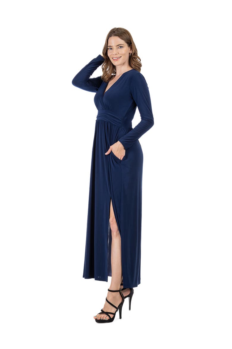 Womens Long Sleeve V-neck Side Slit Maxi Dress, Alternate, color, Navy