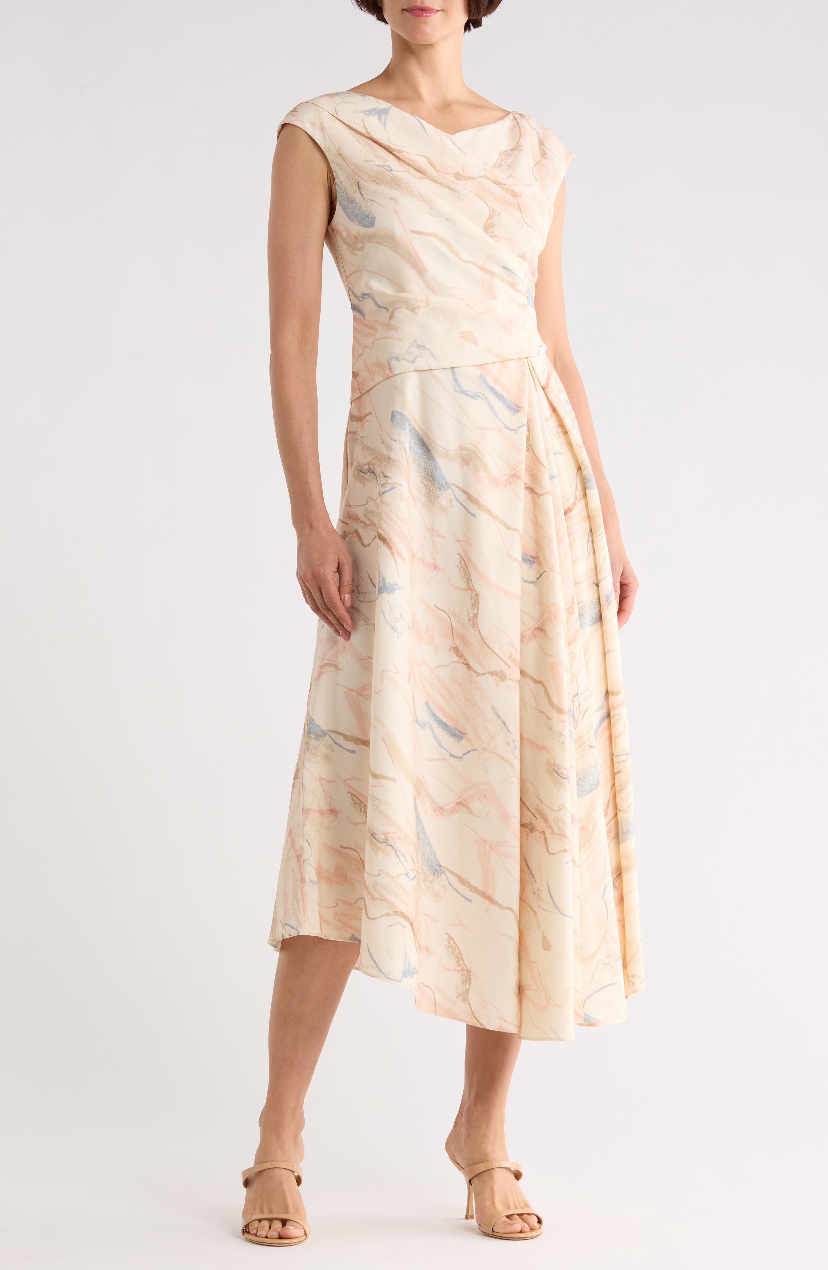 V-Neck Asymmetric Silk & Linen Midi Dress