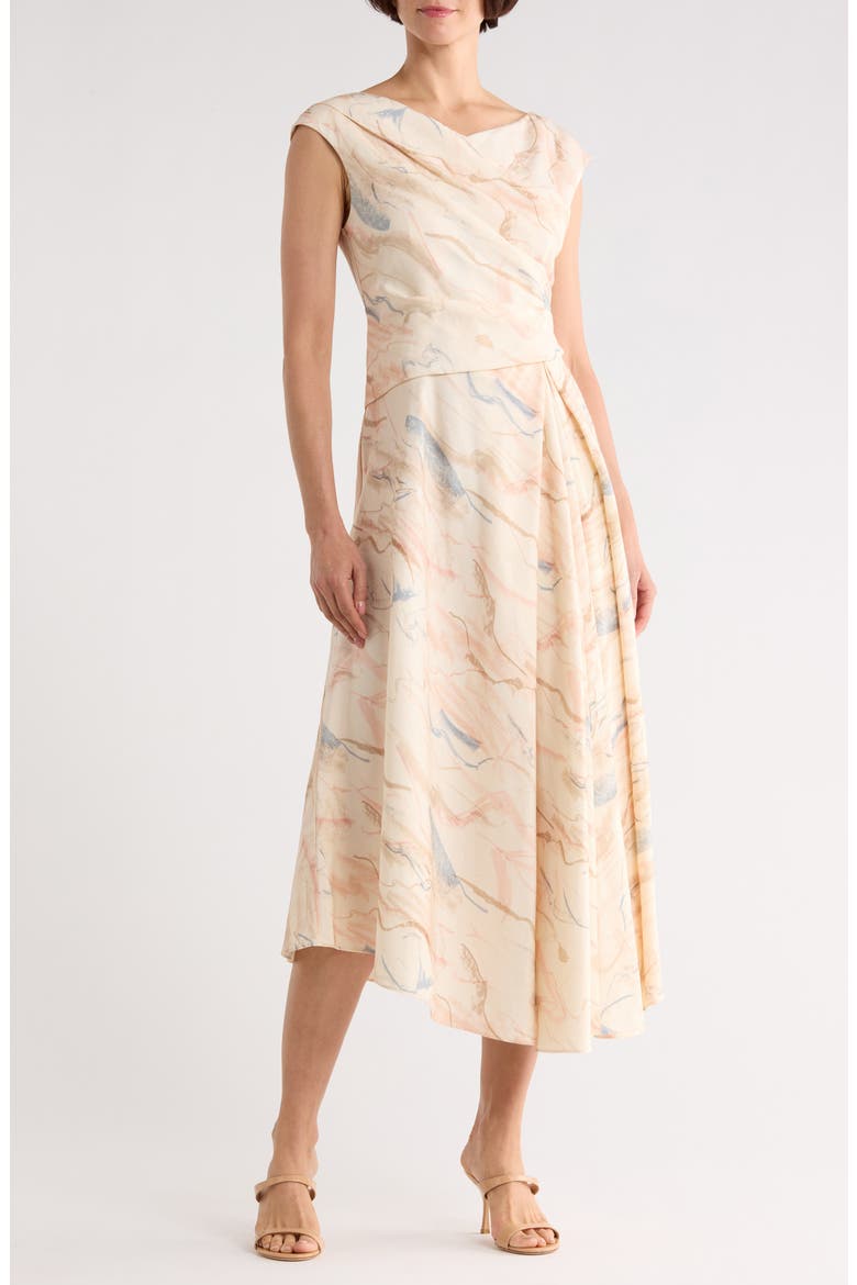 V-Neck Asymmetric Silk & Linen Midi Dress, Main, color, RAFFIA MULTI