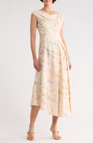 Lafayette 148 New York V-Neck Asymmetric Silk & Linen Midi Dress