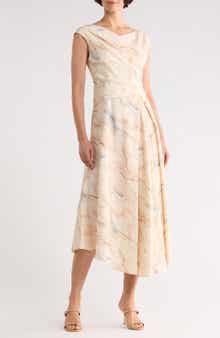 V-Neck Asymmetric Silk & Linen Midi Dress