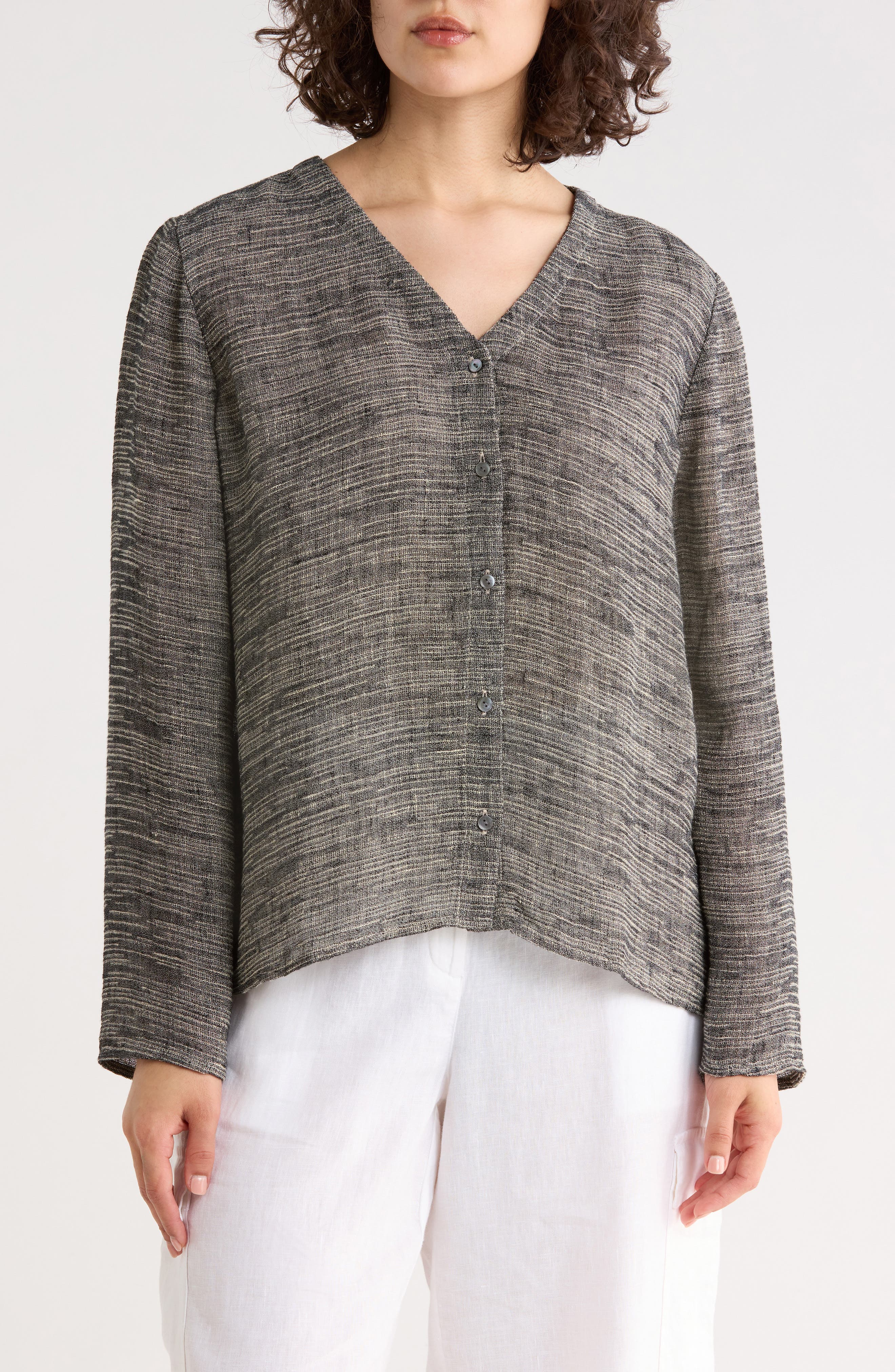 Eileen Fisher V-Neck Organic Linen Blend Button-Up Top
