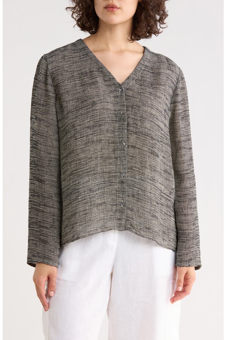 V-Neck Organic Linen Blend Button-Up Top, Main, color, BLACK/ NATURAL