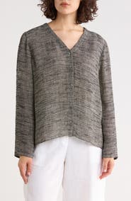 Eileen Fisher V-Neck Organic Linen Blend Button-Up Top