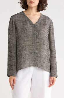 Eileen Fisher V-Neck Organic Linen Blend Button-Up Top