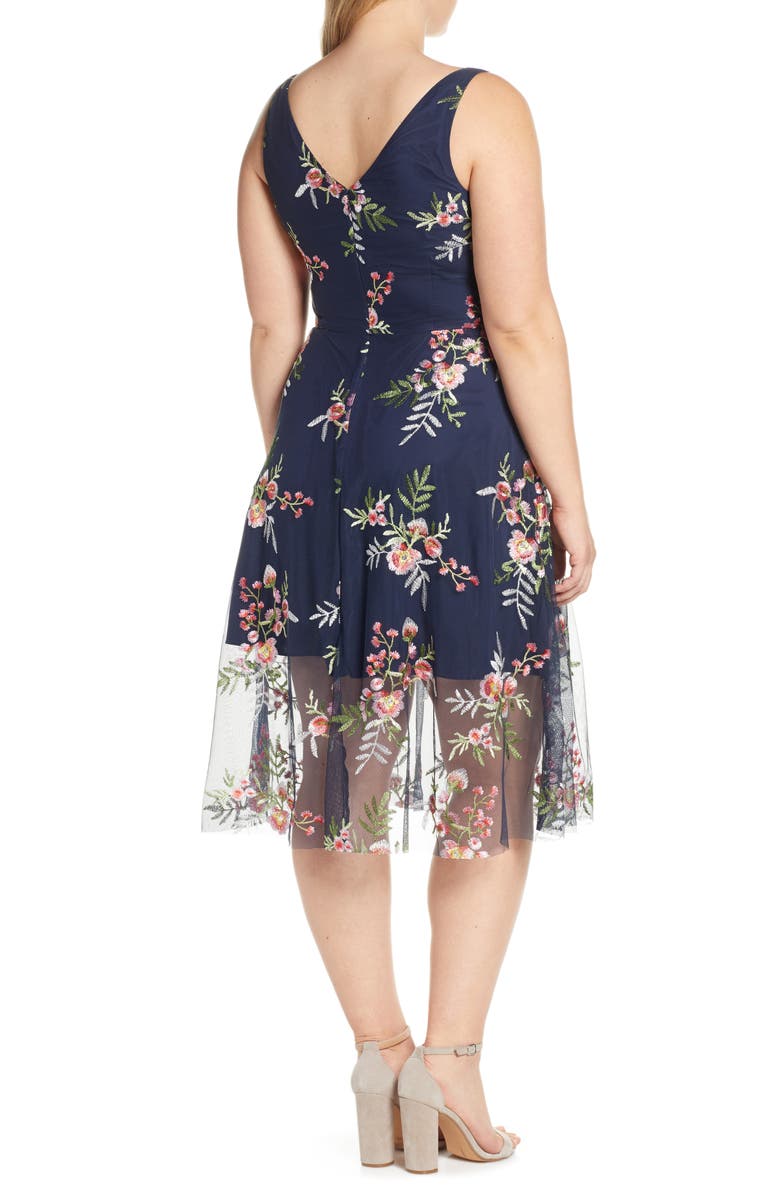 Vince Camuto Floral Embroidered Mesh Midi Dress, Alternate, color,
