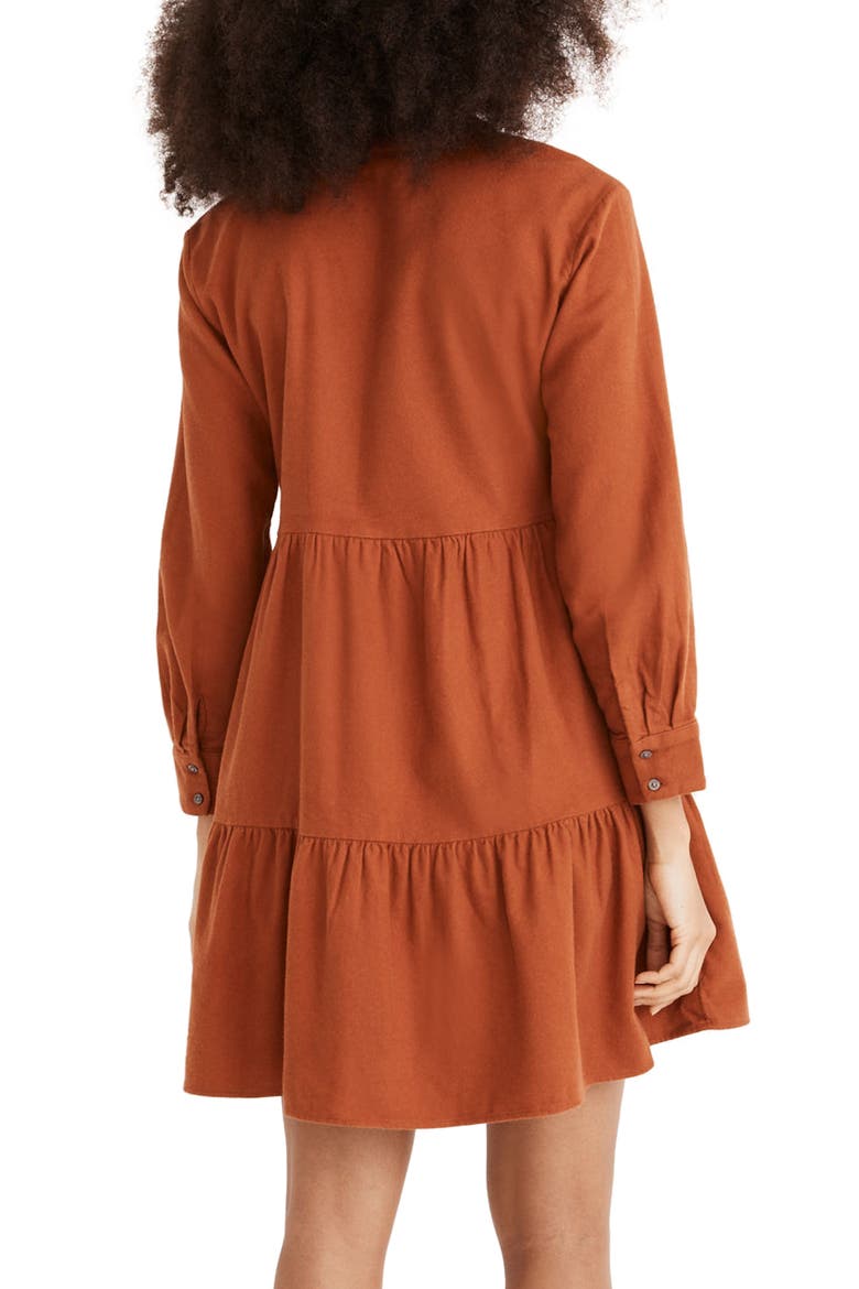 Long Sleeve Button Placket Tiered Cotton Flannel Minidress, Alternate, color, WARM NUTMEG