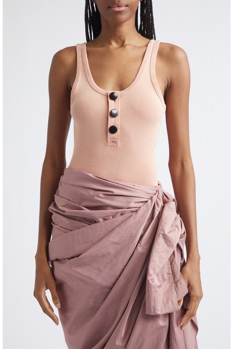 Cutout Flatlock Rib Cotton Jersey Henley Tank, Main, color, CORAL SAND