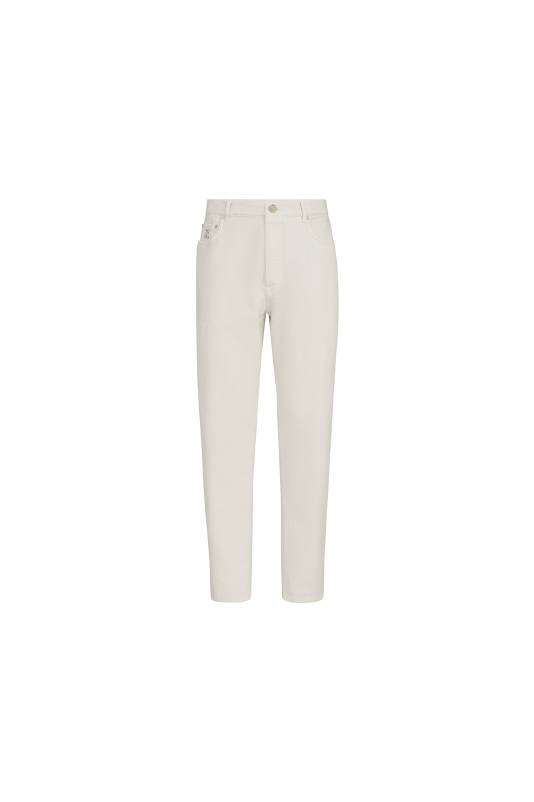 Garment-dyed denim iconic fit five-pocket trousers with rips, Alternate, color, White