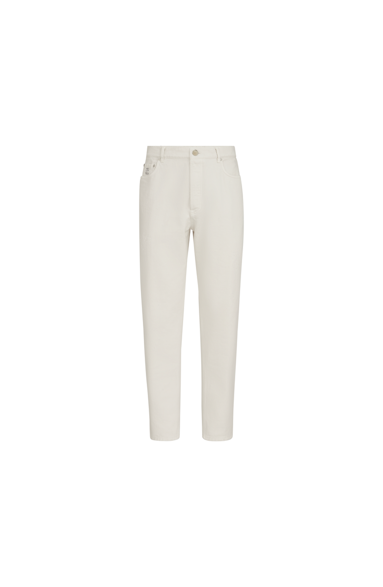 Brunello Cucinelli Garment-dyed denim iconic fit five-pocket trousers with rips, Alternate, color, White
