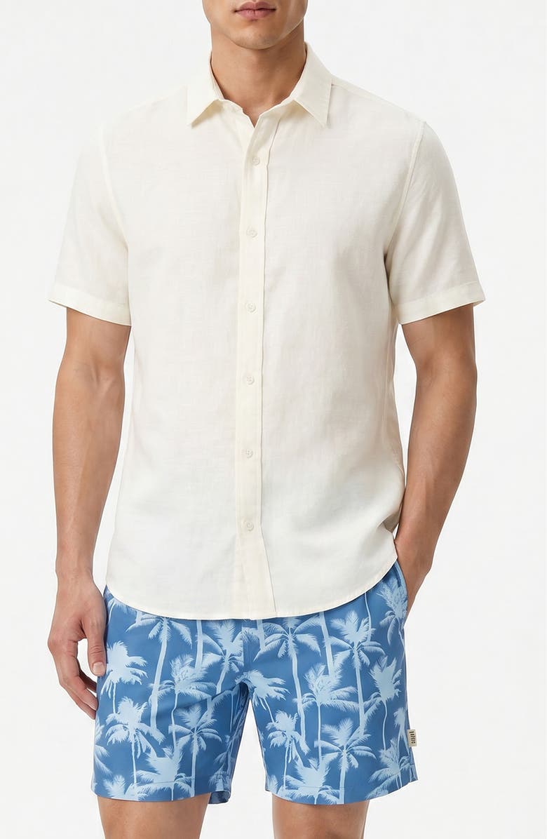 Onia Short Sleeve Stretch Linen Blend Button-Up Shirt, Main, color, White