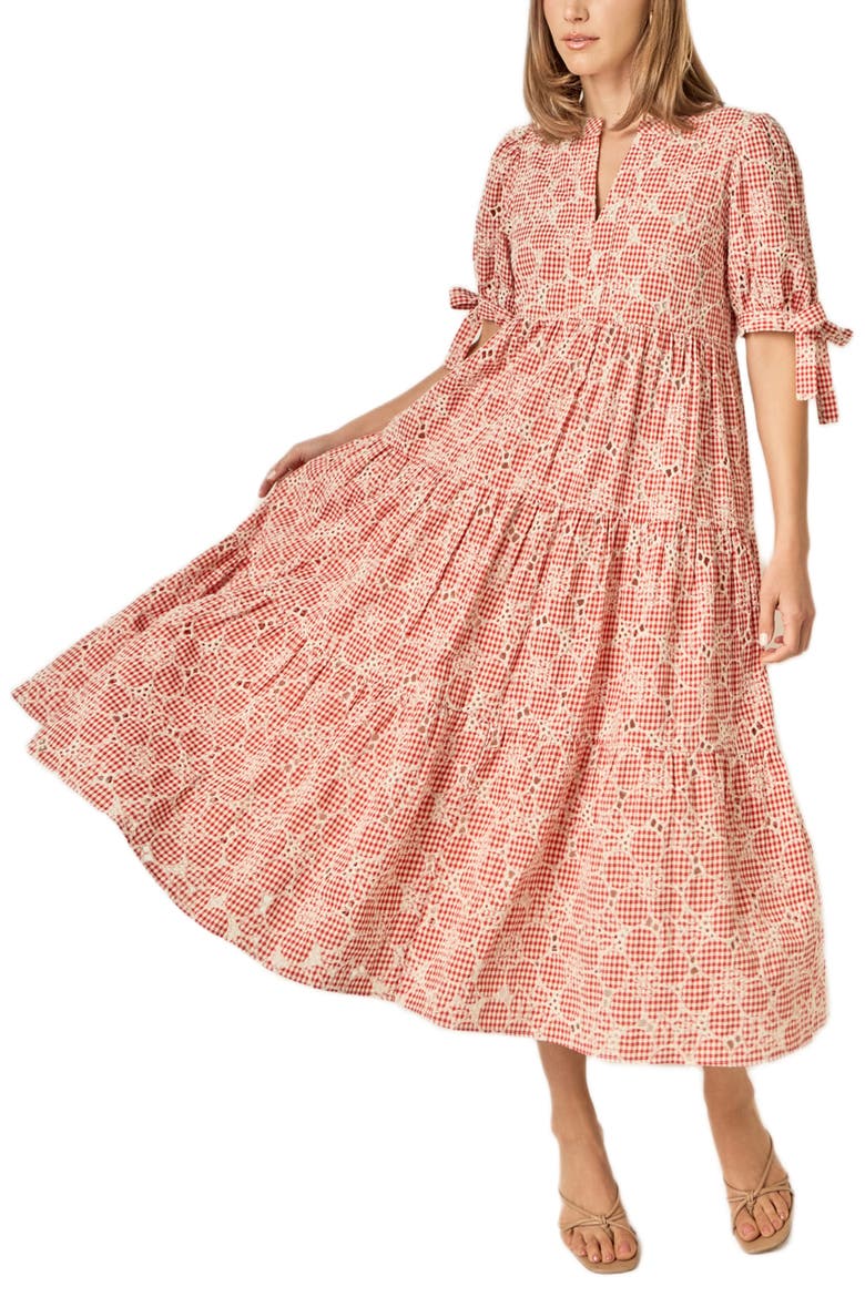 Embroidered Midi Dress, Alternate, color, RED/ CREAM