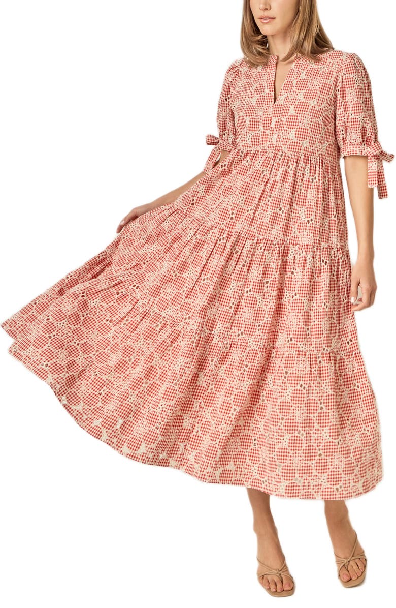English Factory Embroidered Midi Dress, Alternate, color, Red/ Cream