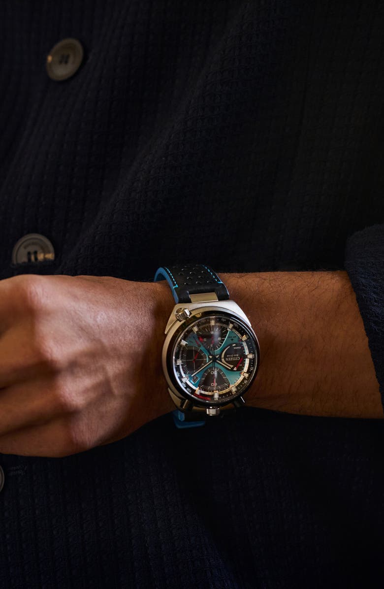 Citizen Promaster Tsuno Chronograph Racer Leather Strap Watch, 44.5mm, Alternate, color, Black/ Blue