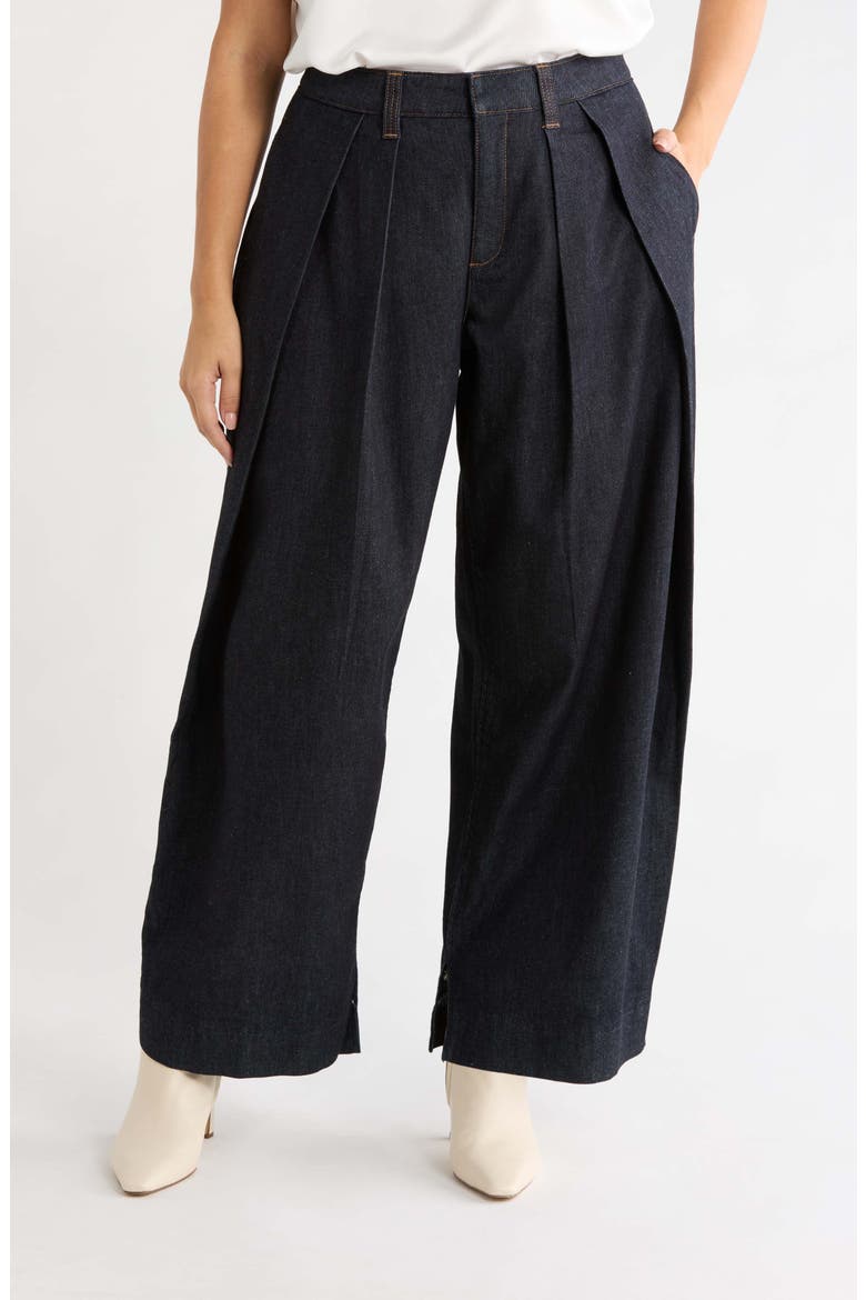 Pleated Barrel Leg Denim Trousers, Main, color, INDIGO