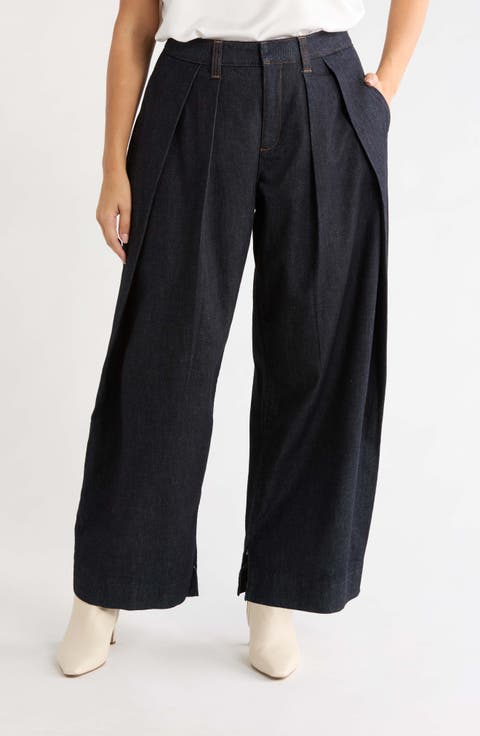 Pleated Barrel Leg Denim Trousers