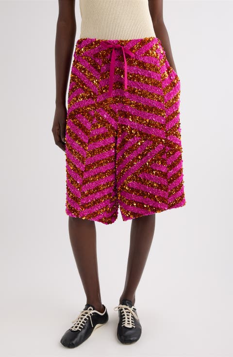 Pomy Bis Sequin Embellished Stripe Wide Leg Drawstring Shorts