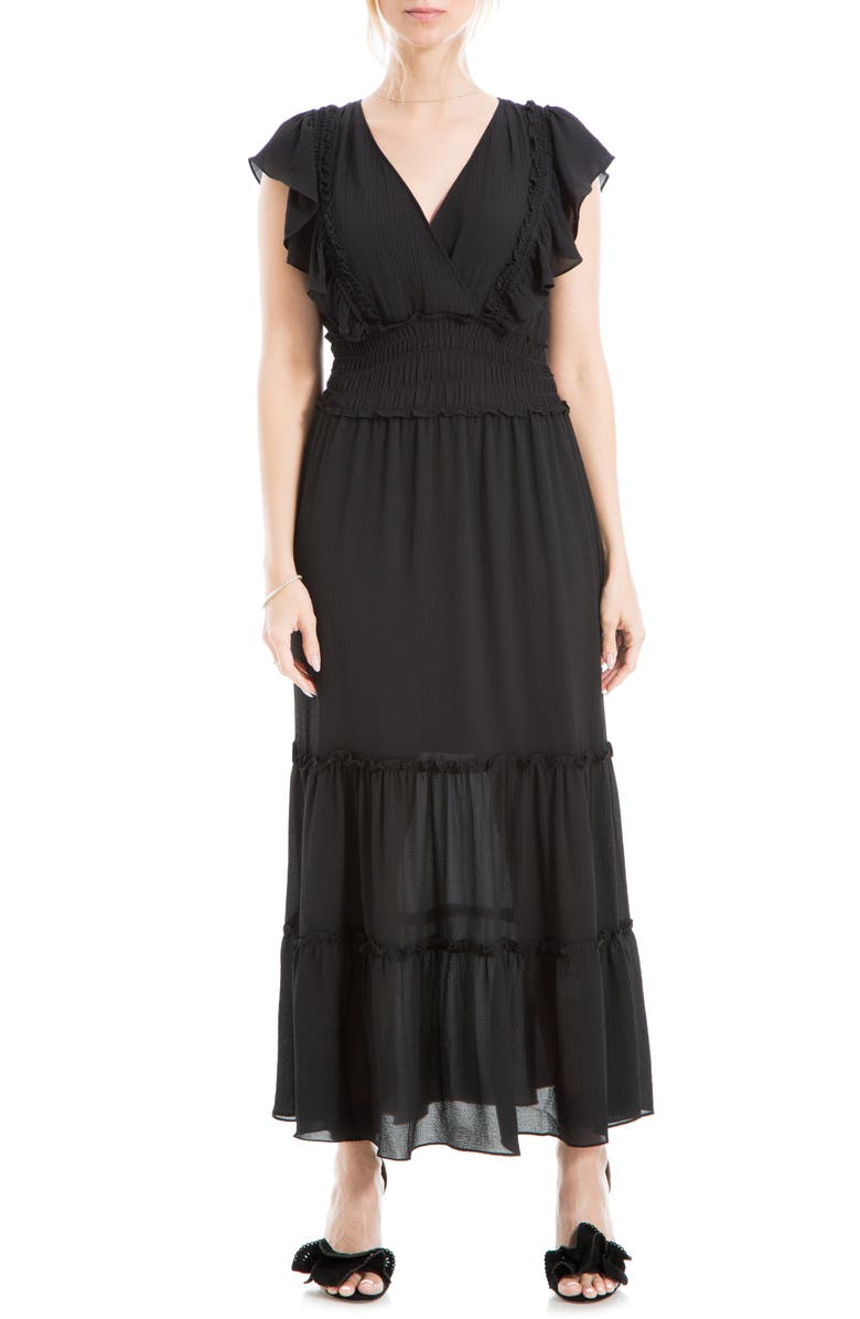 MAX STUDIO Pebble Crepe Flutter Sleeve Maxi Dress, Main, color, Black
