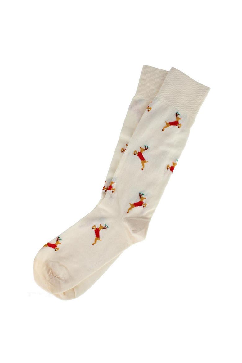 Flying Reindeer on Christmas Eve Novelty Mid Calf Mercerized Cotton Socks, Alternate, color, Cream