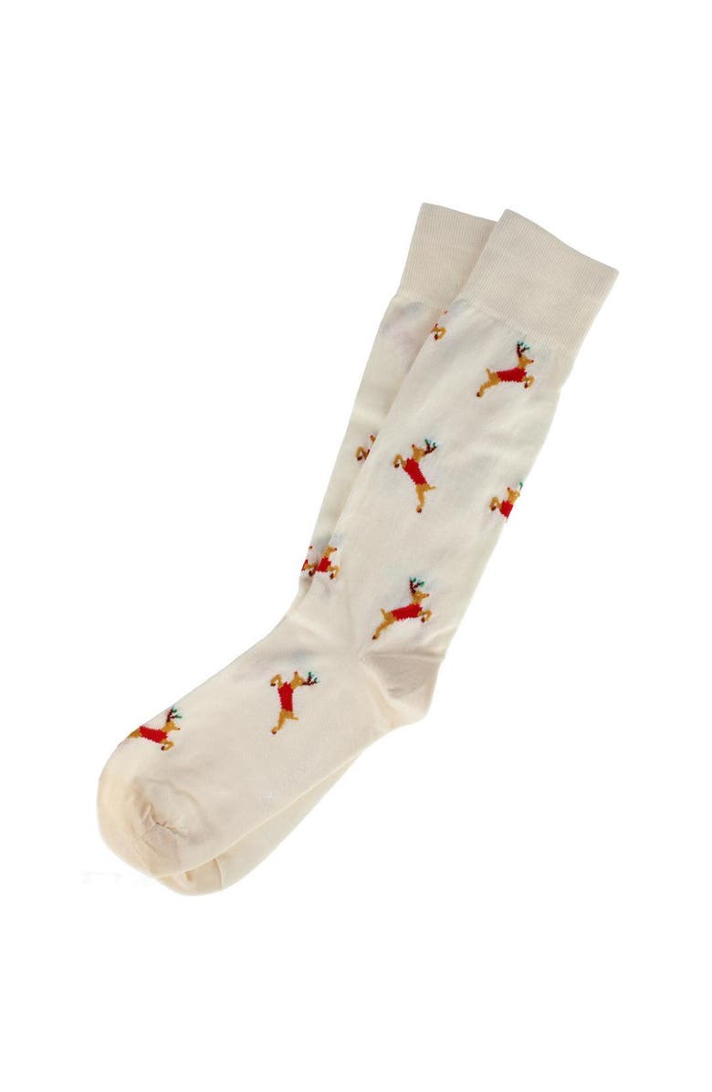 Trafalgar Flying Reindeer on Christmas Eve Novelty Mid Calf Mercerized Cotton Socks, Alternate, color, Cream