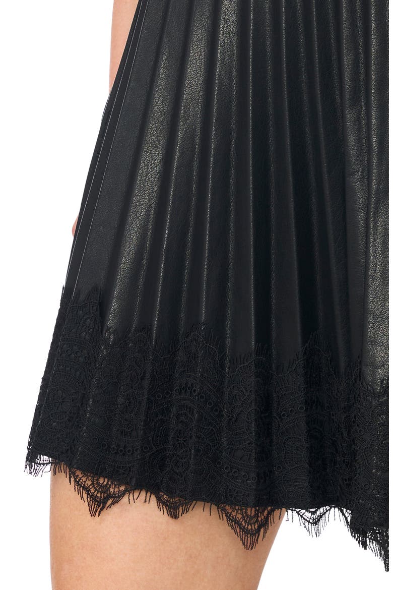 Pleated Lace Hem Faux Leather Miniskirt, Alternate, color, RICH BLACK