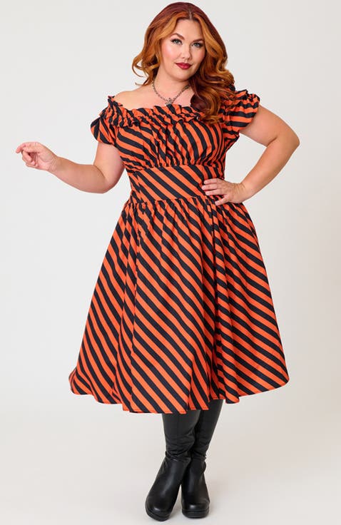Plus Size 1950s Off The Shoulder Ruffle Swing Dress
