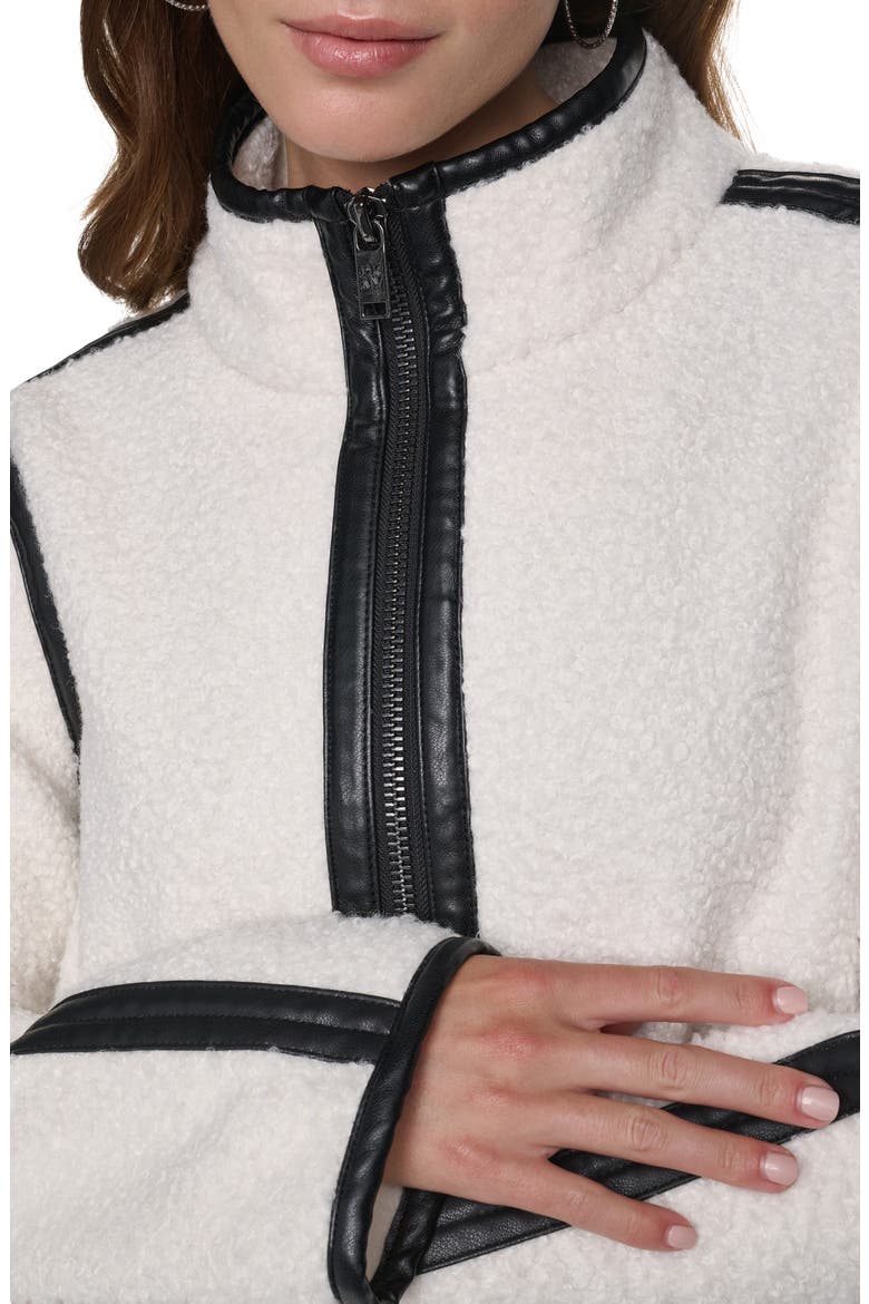 Faux Leather Trim High Pile Fleece Jacket, Alternate, color, IVORY/ BLACK