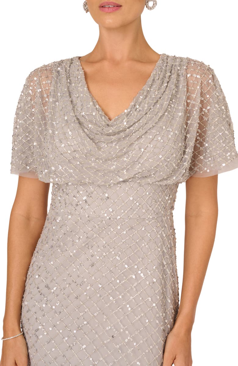 Adrianna Papell Beaded Cowl Neck Evening Gown, Alternate, color, Crystal Silver