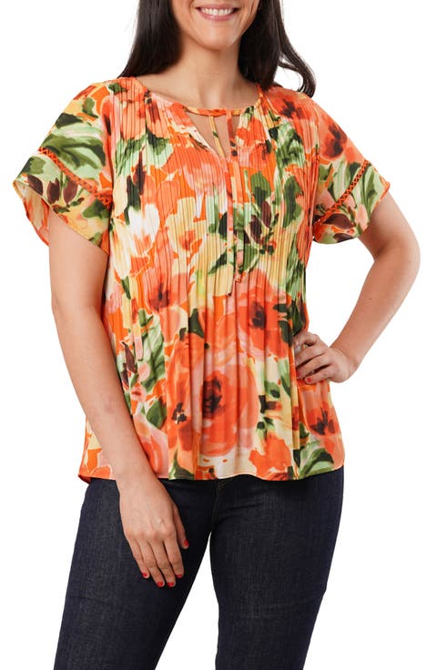 Ruffle Pleated Tie Neck Short Sleeve Top