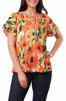 Ruffle Pleated Tie Neck Short Sleeve Top
