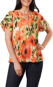 SUNNY LEIGH Ruffle Pleated Tie Neck Short Sleeve Top
