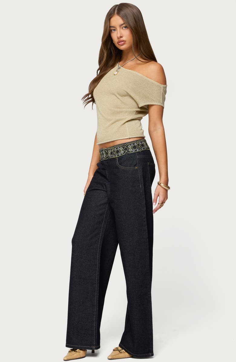 EDIKTED Carlie Beaded Embroidered Low Rise Wide Leg Jeans, Alternate, color, 