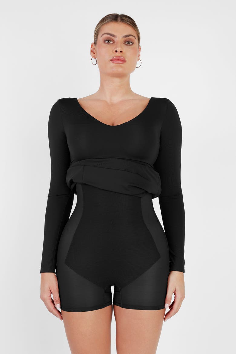 Shapewear Long Sleeve V-Neck Low Back Slimming Maxi Dress, Alternate, color, Classic Black