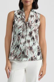 KASPER Abstract Print Tie Neck Sleeveless Top