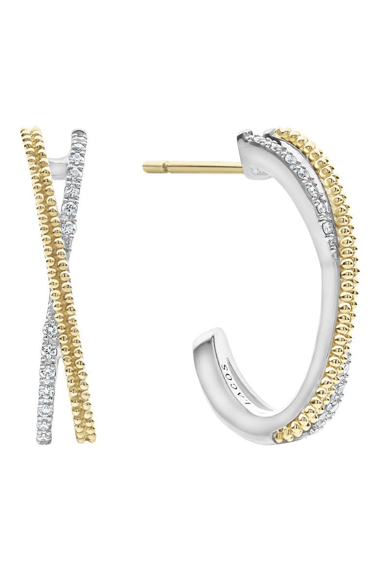 Caviar Lux Diamond Crossover Hoop Earrings, Main, color, SILVER/ DIAMOND