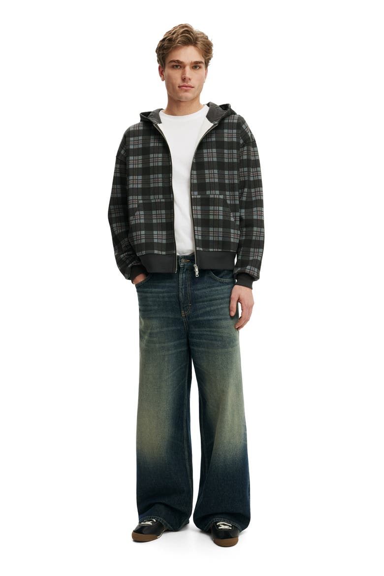Men's Zip Up Hoodie, Alternate, color, Washed Black Check