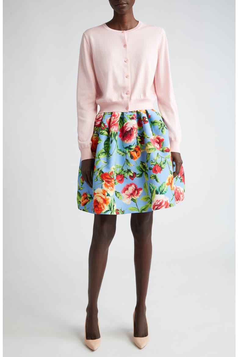 Rose Print Faille Skirt, Alternate, color, LAKE BLUE MULTI