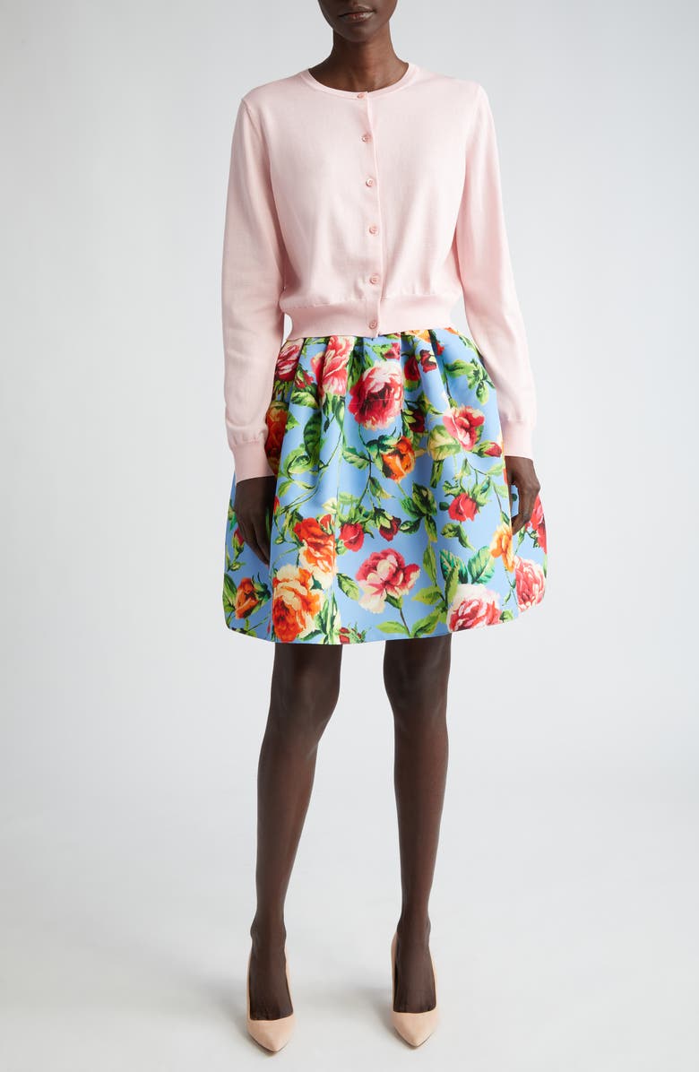 Carolina Herrera Rose Print Faille Skirt, Alternate, color, Lake Blue Multi
