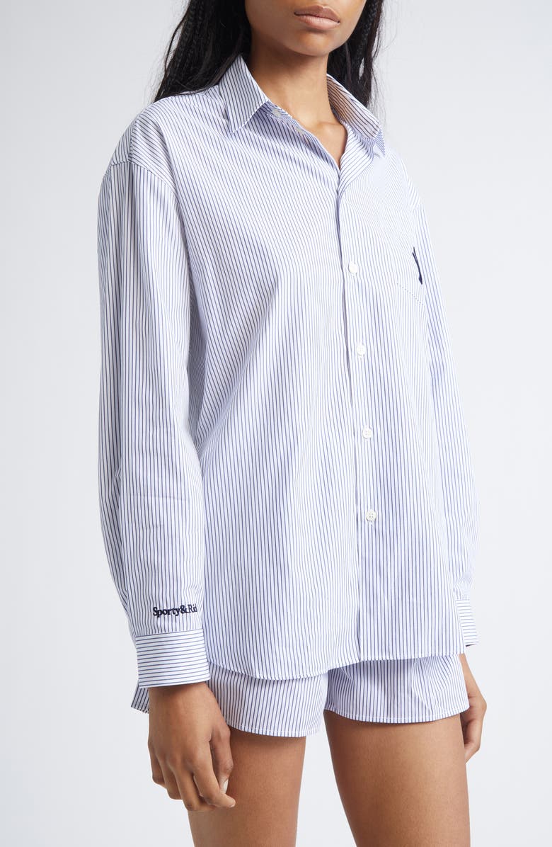 Sporty & Rich Gender Inclusive New York Yankees Serif Stripe Poplin Button-Up Shirt, Alternate, color, Navy Striped