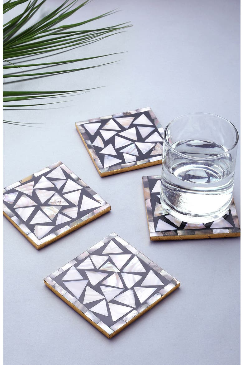 Set of 4 Mother of Pearl Resin Coasters, Alternate, color, BLACK/ WHITE