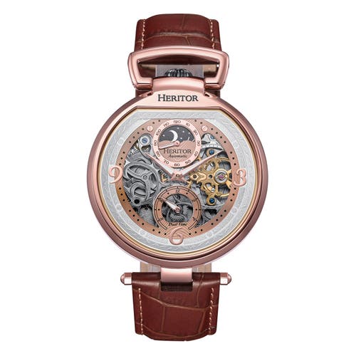 Heritor Automatic Lincoln Leather-band Skeleton Watch With Moon Phase In Gold