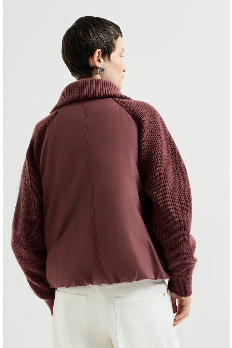 Techno cotton taffeta and virgin wool, cashmere and silk knit down jacket with shiny zipper pull, Alternate, color, Burgundy