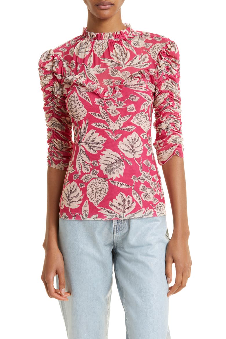 Izabelo Print Ruffle Mesh Top, Main, color, BRIGHT PINK