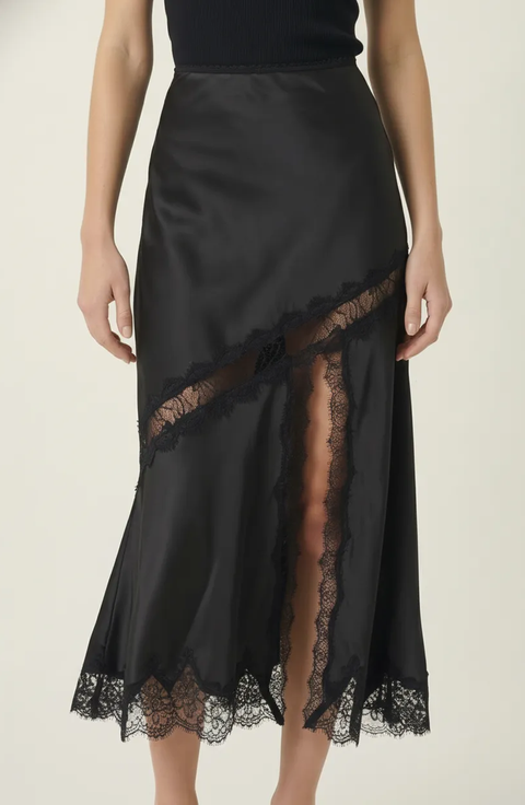 Lace Trim Asymmetric Satin Midi Skirt with Contrast Panel