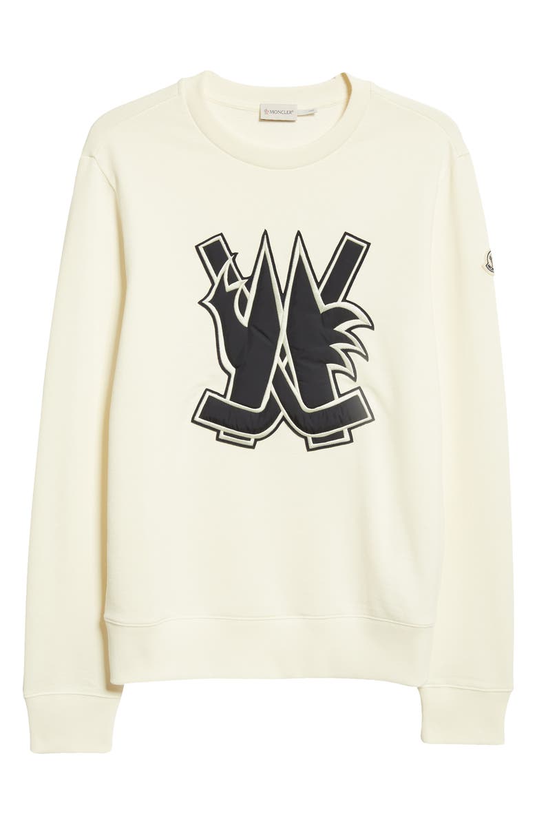 Moncler Hockey Appliqué Cotton Crewneck Sweatshirt, Alternate, color, Bright White